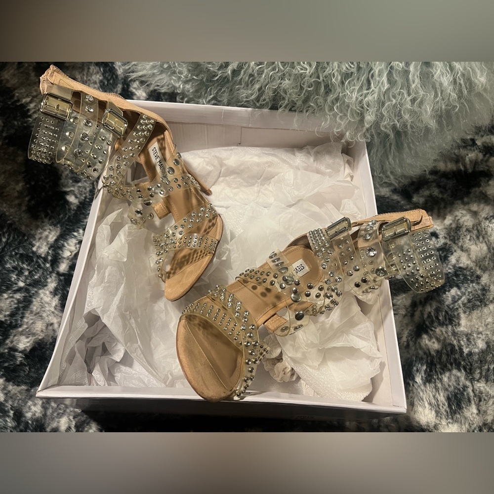 Embellished Nude suade look strappy sandals